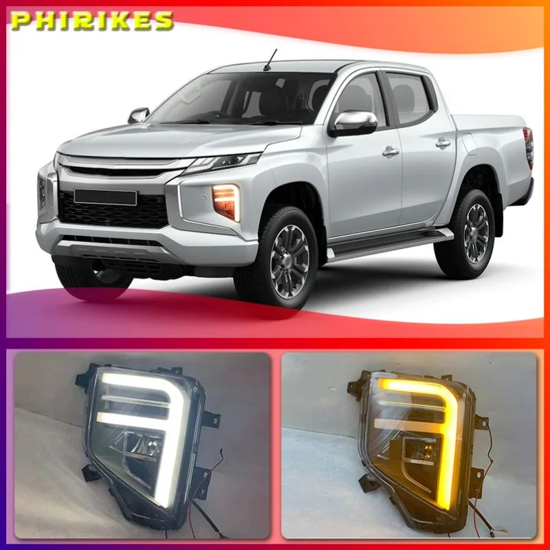 Car LED Daytime Running Light White Fog Lamp Cover With Amber turn Signal Bezel For Mitsubishi Triton L200 2019 2020 2021