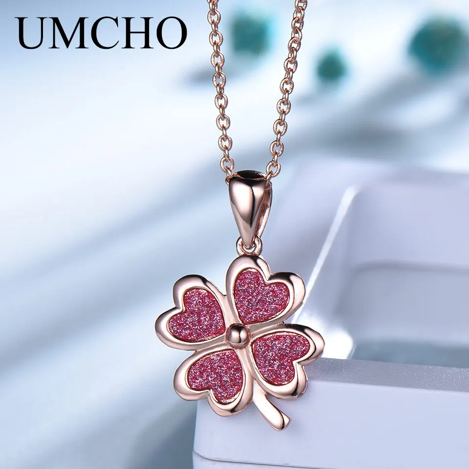 

UMCHO 925 Sterling Silver Chain Red Glitter Lucky Four Leaf Clover Pendants Necklace For Girls Party Gift Fine Jewelry