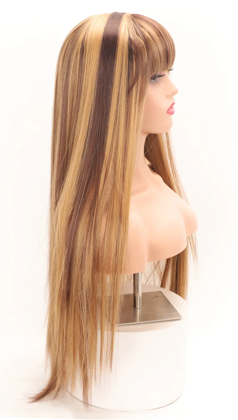 30 Zoll P4/27 Synthetische Perücke mit Pony, lange glatte Haarperücken für Damen, glatte, natürliche schwarze Perücken im Angebot, Piano-Farbperücke für Frauen – Detail 3
