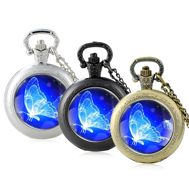 Classic Charm Blue Butterfly Design Glass Cabochon Quartz Pocket Watch Vintage Men Women Pendant Necklace Chain Clock  Gifts