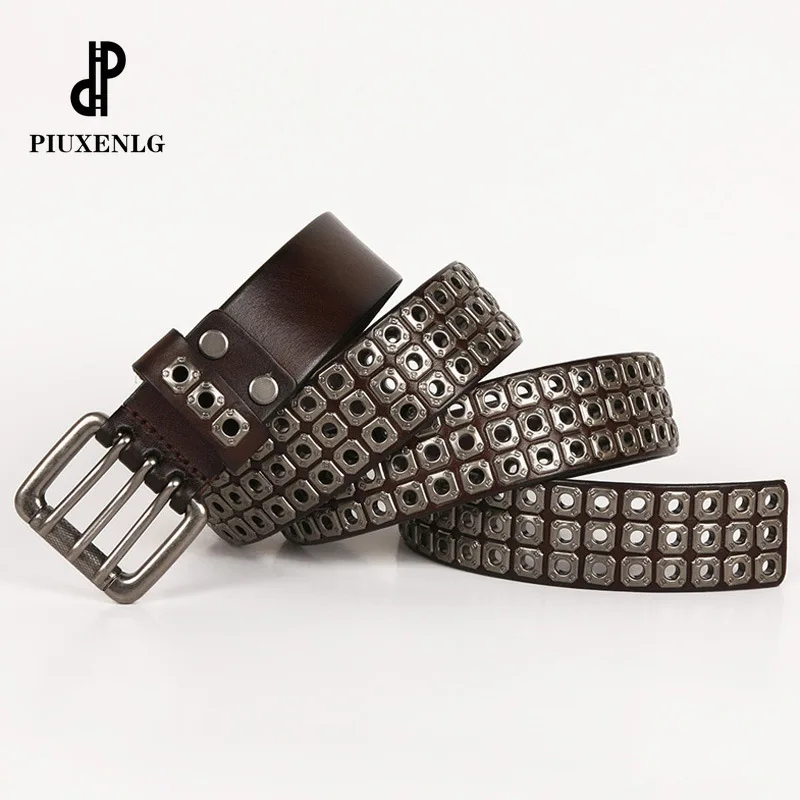 PIUXENLG Designer Men's Punk Belt Heavy Metal Unisex Leather Belt Men's Cross Studded Jeans Belt High Quality Trend luxury Belt