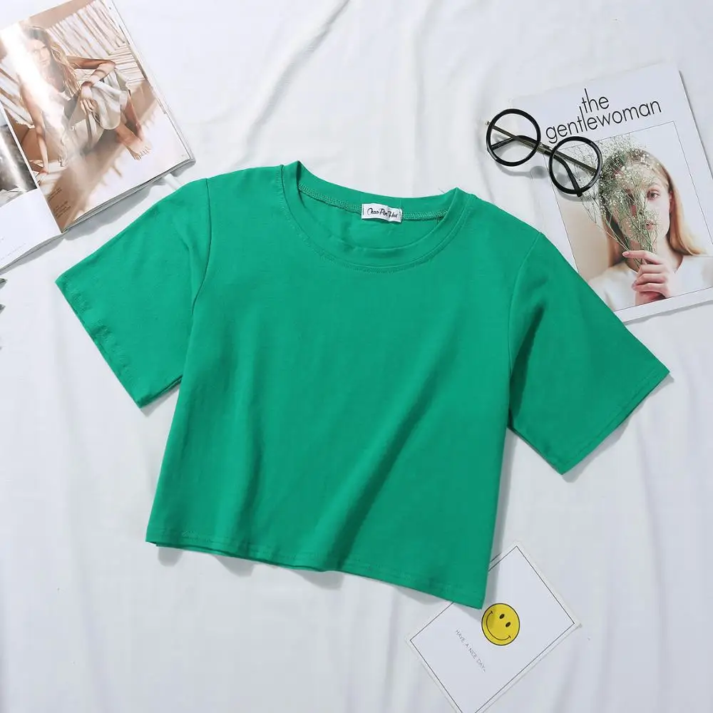

Summer Short Sleeve T Shirts Women Cotton Solid T-shirt O Neck High Waist Tee Female Casual Loose T Shirt