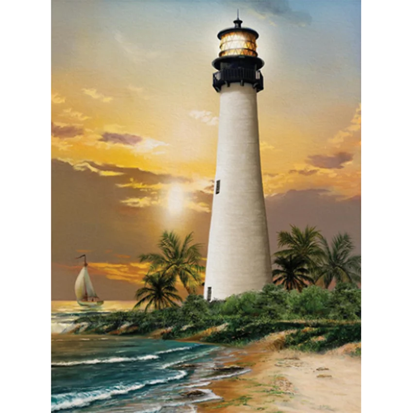 5D DIY Diamond Painting Seaside Lighthouse Diagram Cross Stitch Kit Embroidery Mosaic Square Round Diamond Picture Gift FH849