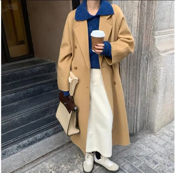 

women winter vintage x-long double faced woolen overcoat fashion double breasted belted outwear