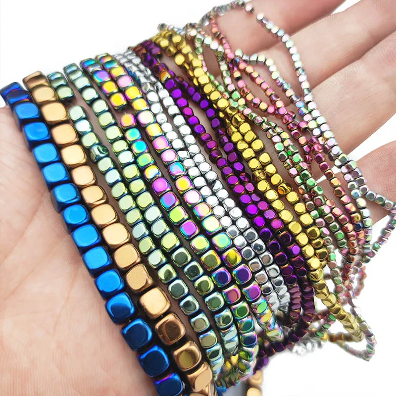 Hematite Natural Stone 2/3/4/6MM Blue,Rose Red,Glod Square Cube Spacer Loose Beads For Jewelry Making DIY Bracelets Accessories
