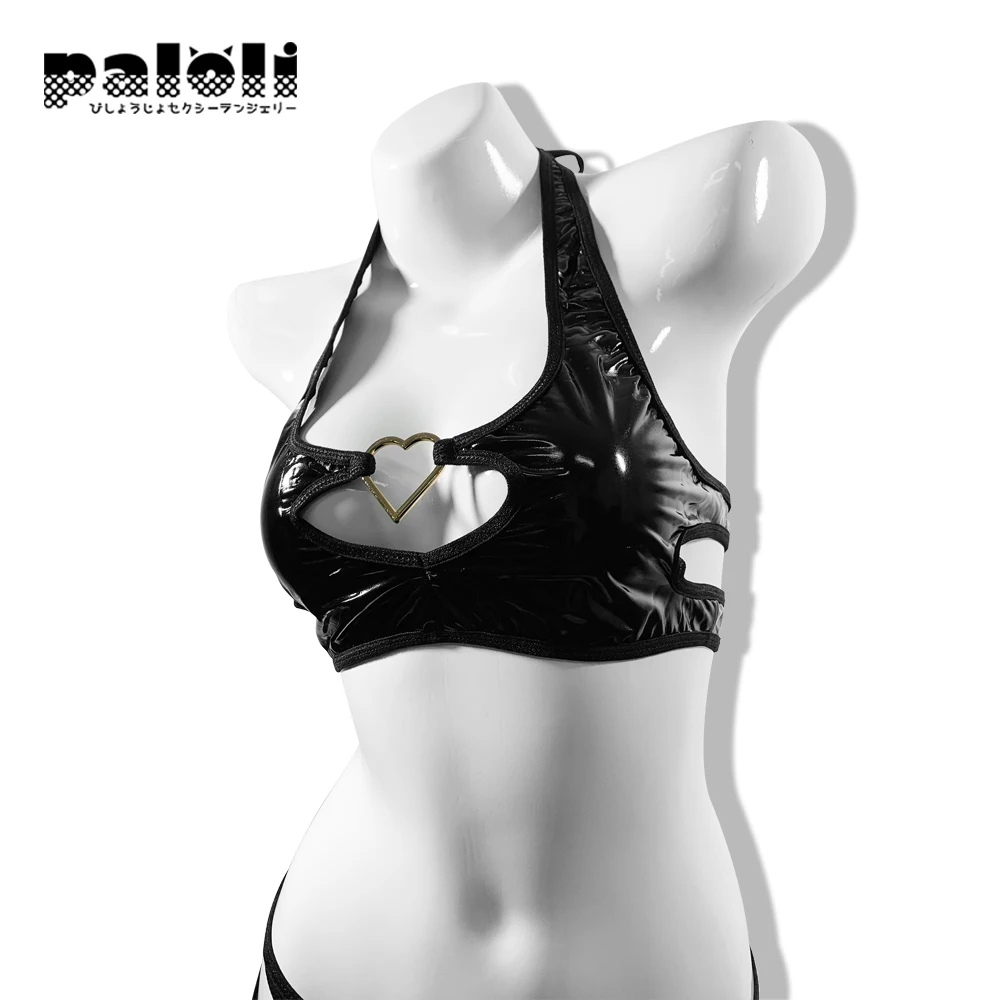 Costume Cosplay da donna Anime Succubus Bikini Costume da bagno Lingerie in pelle Halter Neck nero acciaio inossidabile cuore Design Bat Outfit