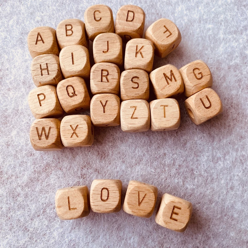 26PCS 12MM Letter Beads Engrave Wood Teether Bead Alphabet Bead Bijtring Teething Toy Chewable Baby Product DIY Baby Accessories