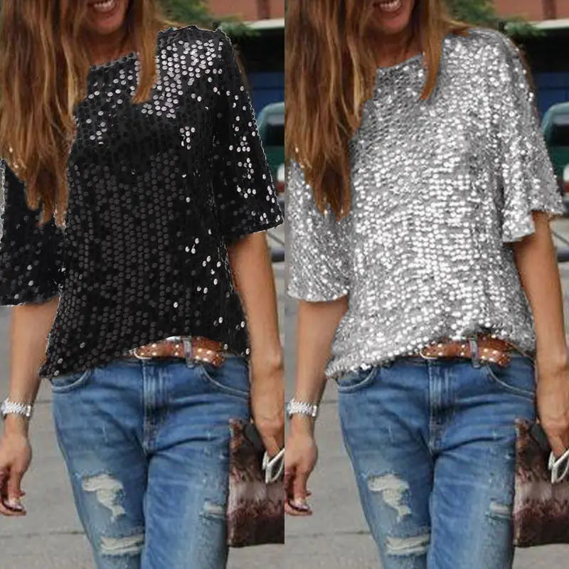 New Summer Explosion Sequined T-shirt Womens Half Sleevele Glitter Solid Loose Tops Pullover Tops Ladies T Shirts