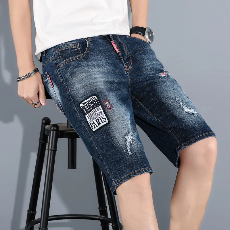 High quality 2021 Summer Men's Slim Fit Feet Straight Elastic Broken Badge Casual Denim Shorts men clothes pant trouser