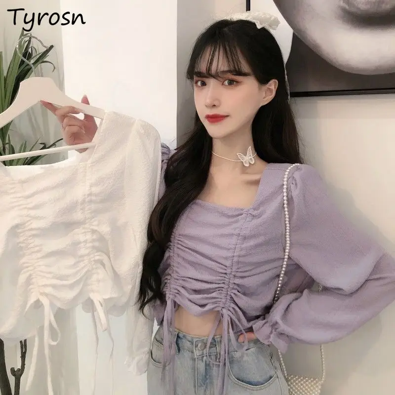 

Women Blouses Solid Square Collar Retro Shirring Ruffles Sweet Hot Lovely Chiffon Ulzzang Flare Sleeve Elegant Shirts Tender New