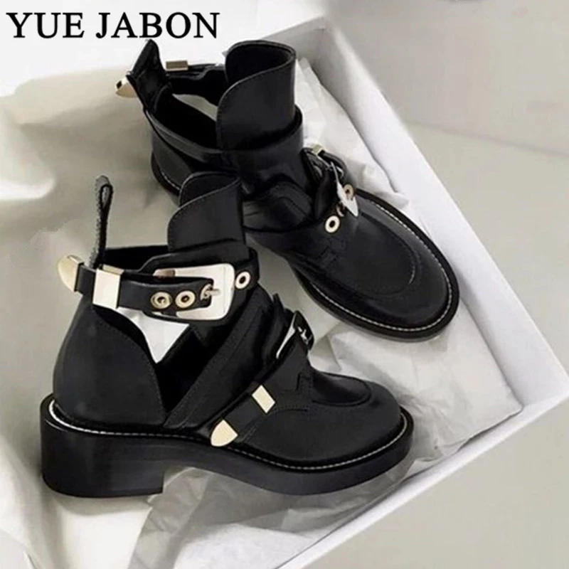 British Style Women Boots Silver Gold Buckle Strap Women Boots Double Buckle Ankle Boots Cut out Punk Ladies Shoes 2023