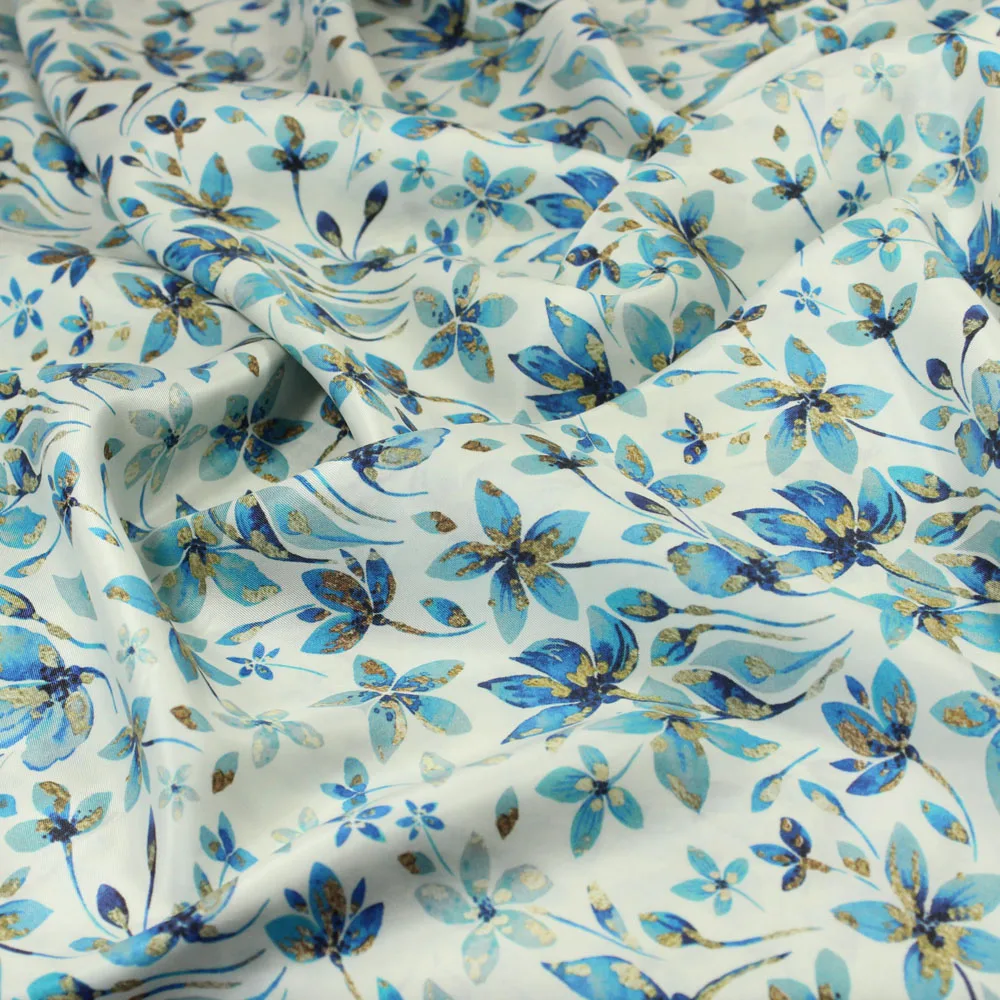 one meter High quality copper ammonia wire fabric Blue petal print tissu Brand design half dress robe clothing telas