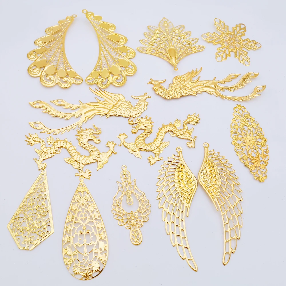 10 Pieces Gold color Phoenix dragon Metal Filigree Big Flowers Slice Charms Wrap Connector Jewelry DIY Components Hair Accessory