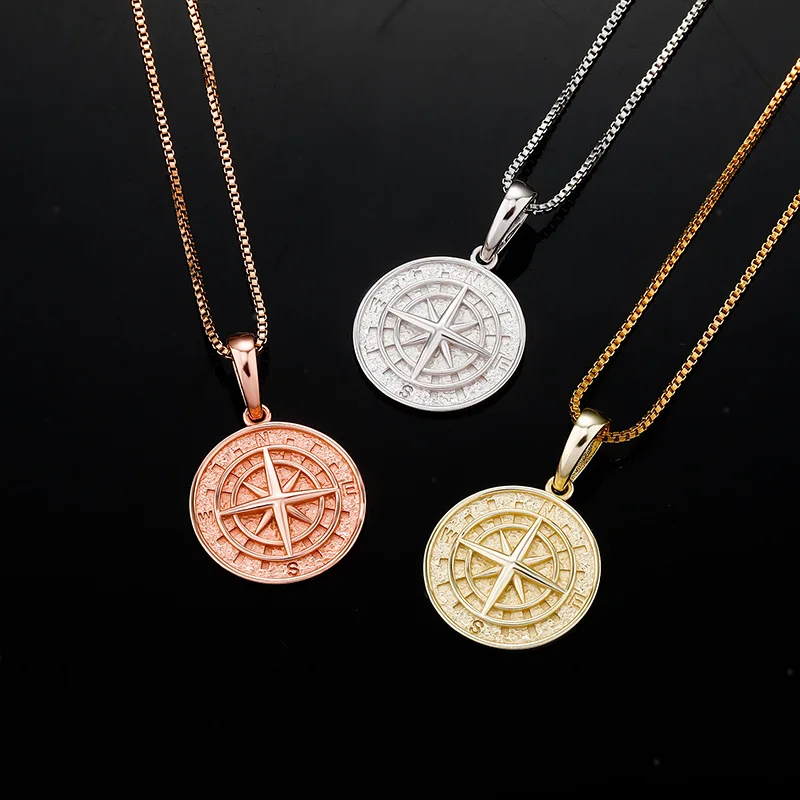 S925 Sterling Silver Compass Round Pendants Necklaces for Women Men Unisex Fashion Jewelry Drop Shipping