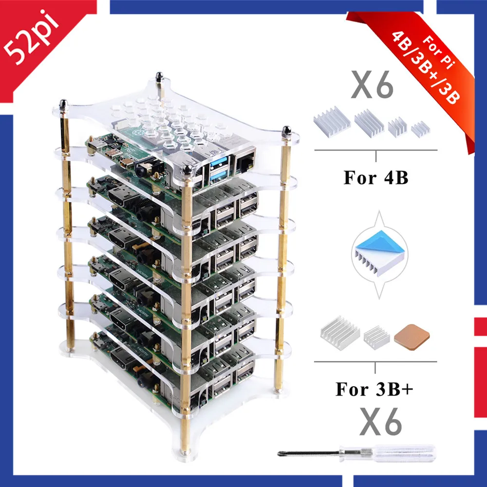 52Pi New 6-Layer Transparent Clear / Dark Brown Acrylic Case with Heatsink Screwdriver for Raspberry Pi 4 B / 3B+ / 3B / 2B / B+