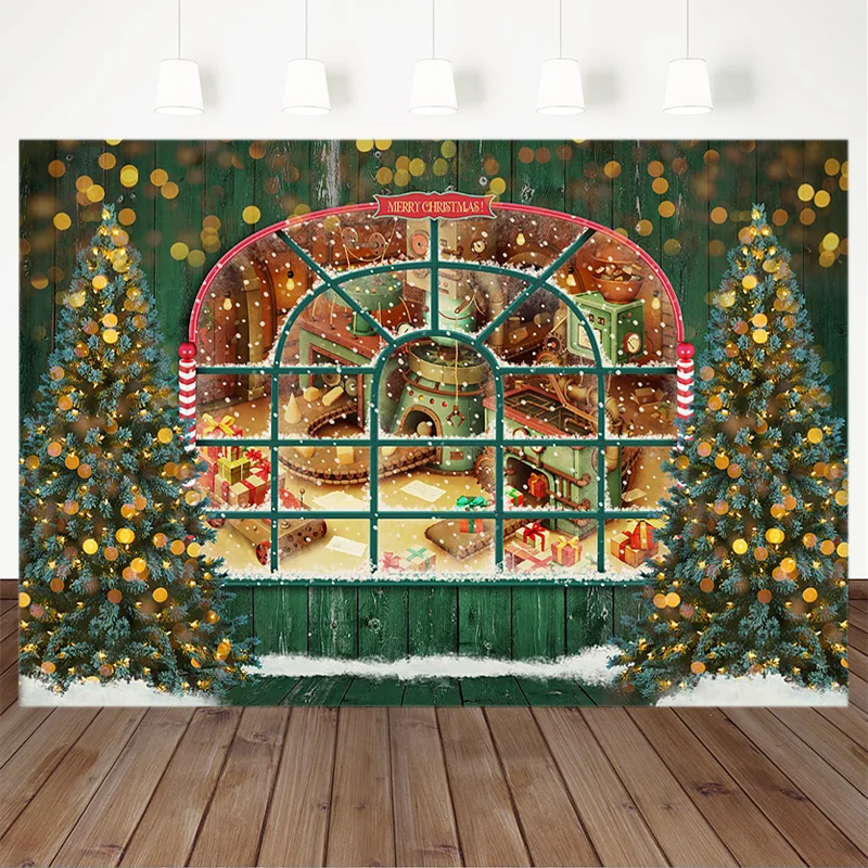 

Merry Christmas Photography Background X-mas Tree Green Windows Golden Bokeh Backdrop Decoration Props Banner For Photo Studio