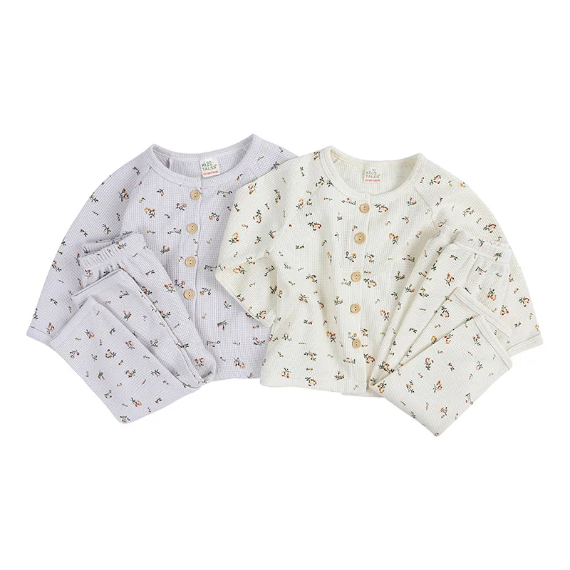 

2021 Kids Tales Autumn Winter Baby Clothes Set Waffle Toddler Boys Girls Loungewear Print Floral Sleep Suit Homewear Pajamas Set