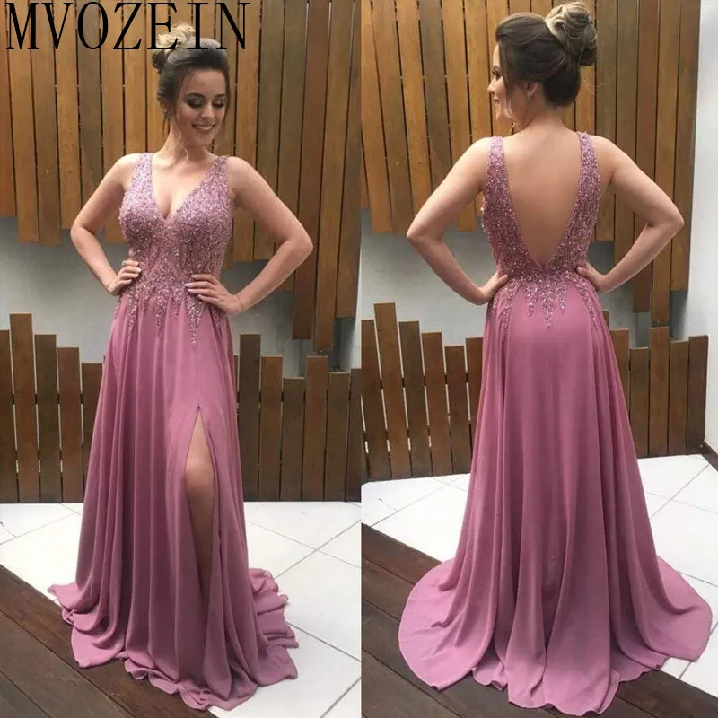 Mvozein-Robe de soirée longue, forme trapèze, col en v, fente haute, perles, tenue de fête