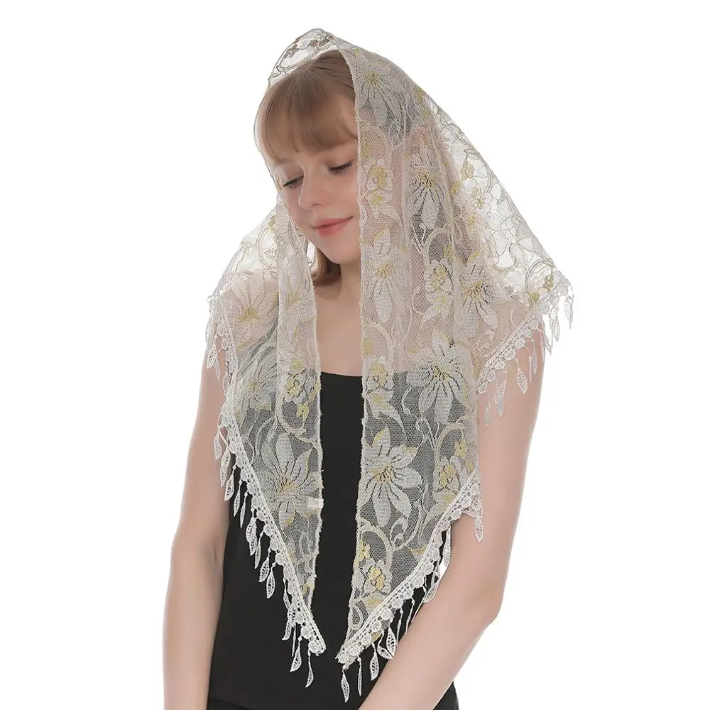 Women Lace Veil Triangle Scarf for Church Embroidered Scarf Tassel Church Shawl Pendant Spanish Lace Mantilla Veil Head Cover