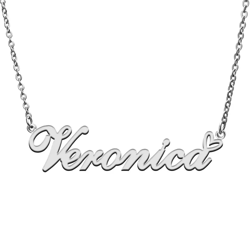 Veronica Name with Love Heart Necklace for Women Stainless Steel Jewelry Nameplate Pendant Femme Mother Child Girls Gift