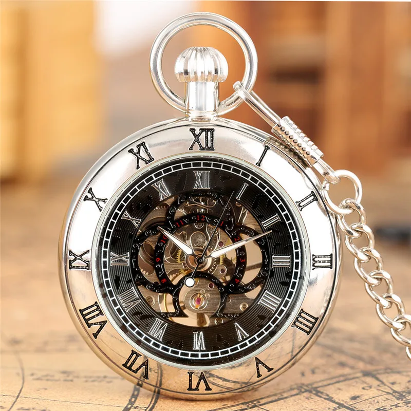 Classic Carving Roman Numerals Design Mechanical Hand-Winding Pocket Watch for Men Women Pendant Chain Clock Gift