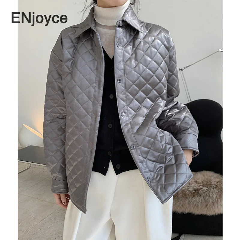 Women Vintage Glossy Quilted Cotton Coats 2024 Winter Ladies Loose Parka Jacket Korean Fashion Warm Outfits Streetwear