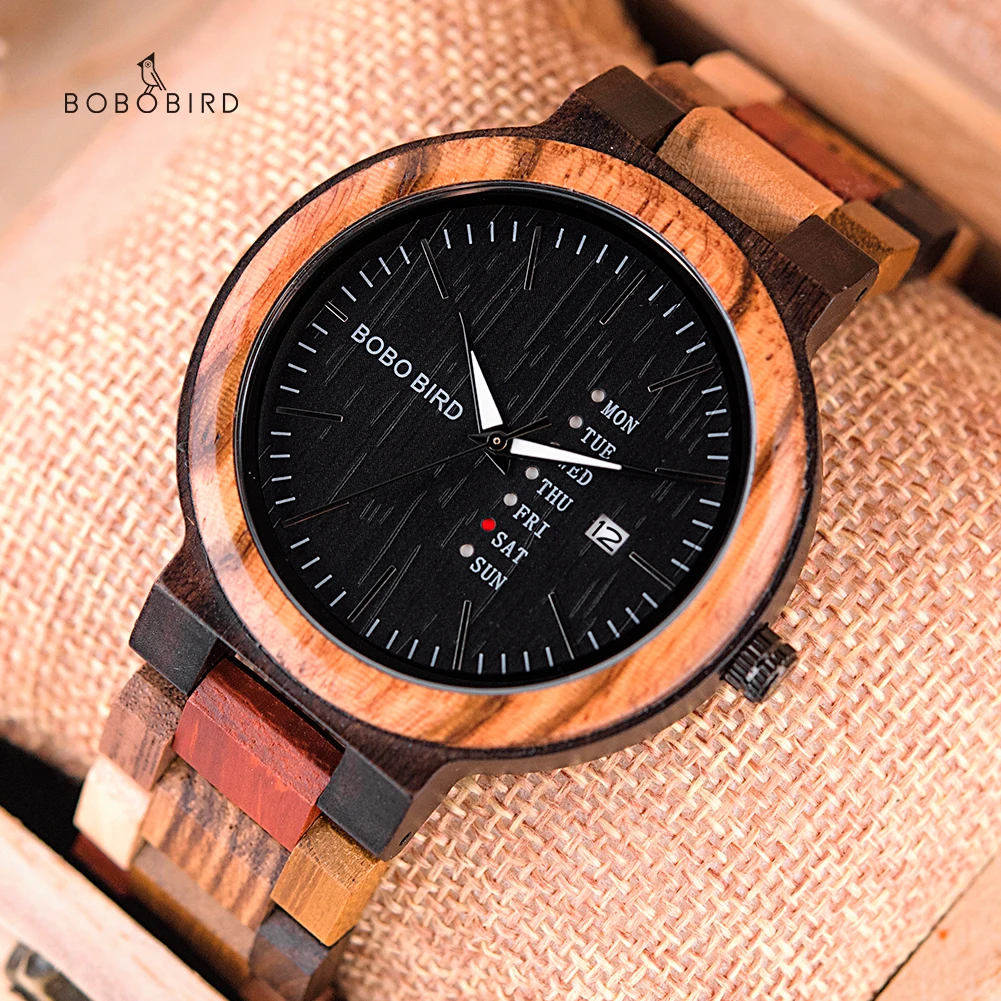 BOBO BIRD Couple Watch Colorful Wooden Strap Watch for Women Week Date Display Quartz Wood Wristwatch for Men Women reloj mujer