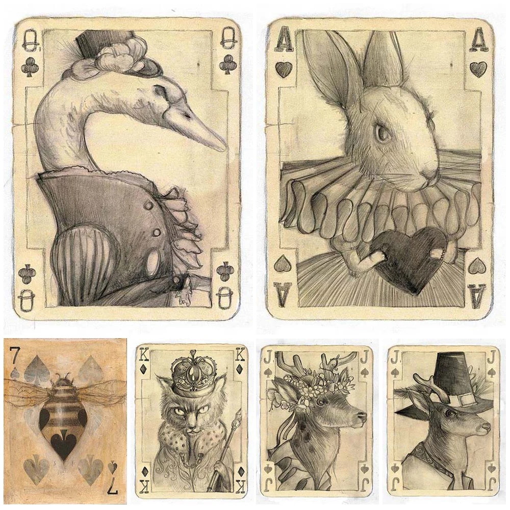 Vintage Animals Poker Pencil Drawing Wall Art Canvas Painting Home Decor Wall Pictures For Living Room Nordic Poster Unframed