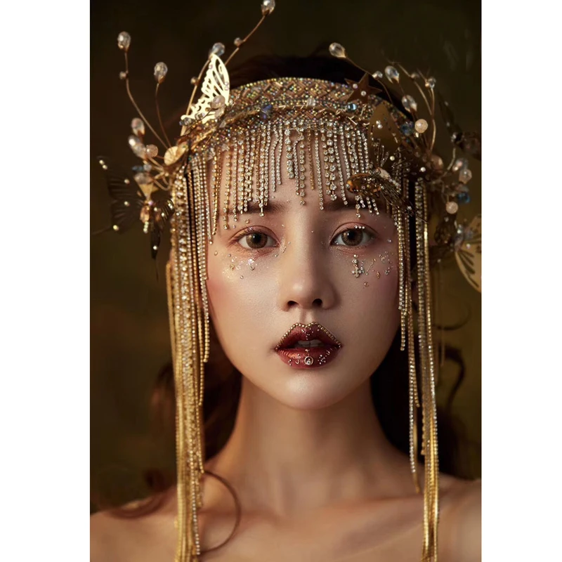 Fashion Golden Head Band Fairy Butterfly Headdress Pearl Bead Chain Tassels Model Show Studio Photo Shoot Decoration Accessories