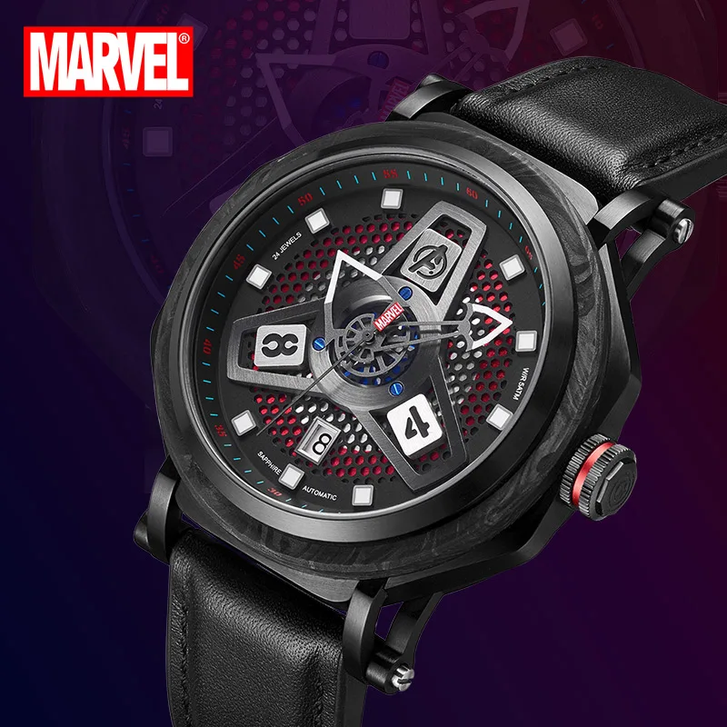 DISNEY Official MARVEL Capitain America Cartoon Men Skeleton Automatic Casual Wristwatches 3D Stereo Japan Seiko Mechanical