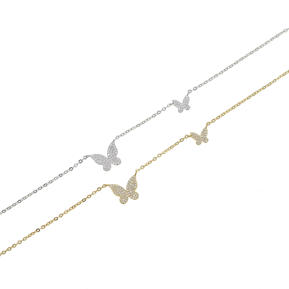 2025 Summer Fashion New Gold Color Micro Pave Clear Cubic Zirconia CZ Cute Lovely 2PC Butterfly Charm Women Trendy Necklace
