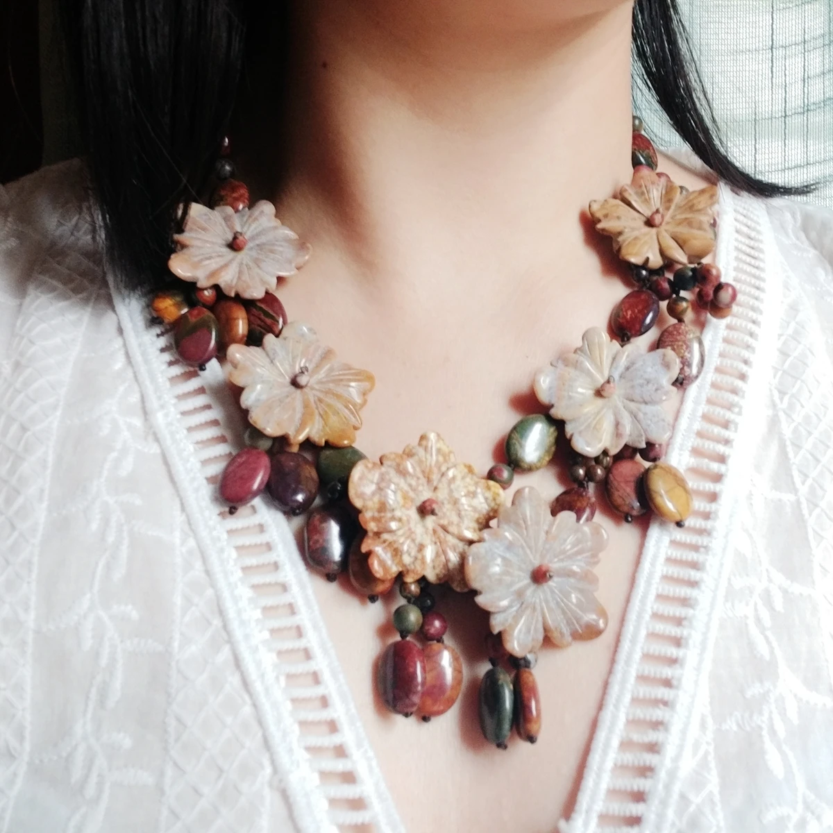 Lii Ji Real Stone Beige Color Statement Necklace Japser Flowers Tigers eye Necklace 53cm Women Party Jewelry