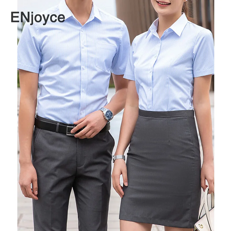 ENjoyce Summer Basic Striped Workwear Short Sleeve Shirts Tops Women/Men Bussiness Professional Office Ladies Uniform Blouse