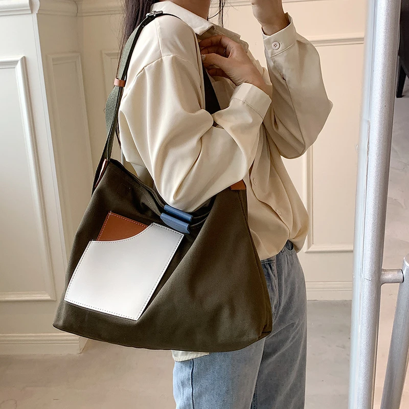 Large Capacity Canvas Tote Bags for Women 2021 New Contrast Color Bucket Travel Bag Simple Fashion Girl\'s Shopper Shoulder Totes