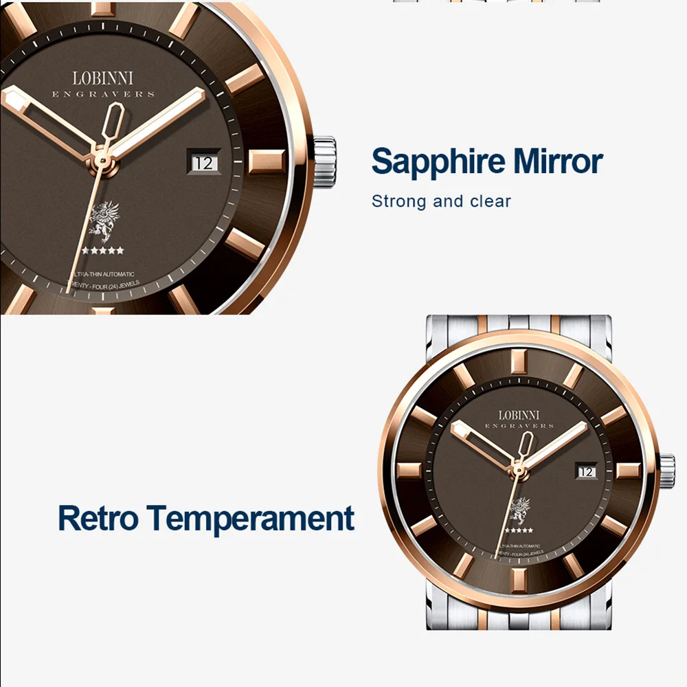 LOBINNI Orologio automatico da uomo 42 mm Orologio da polso meccanico 5ATM Cinturino in acciaio zaffiro luminoso impermeabile