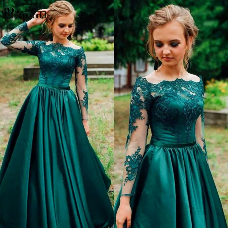 

High Quality Emerald Green Evening Dresses 2024 O-Neck Full Sleeves Appliques A-Line Satin Vestidos De Gala Long Prom Gown