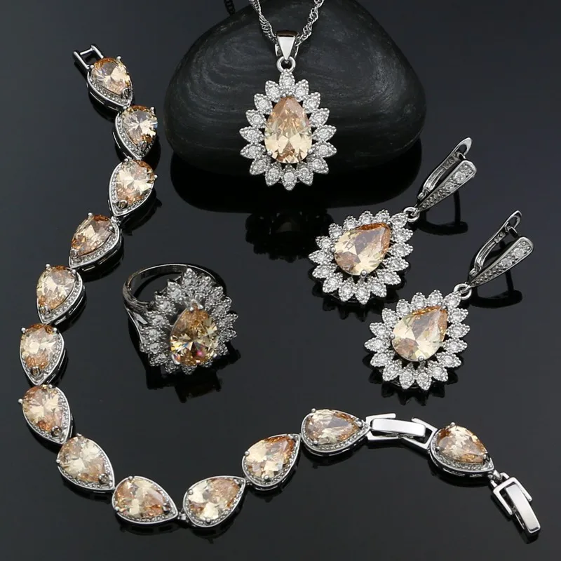 

925 Silver Jewelry Sets For Women Wedding Accessories Champagne Cubic Zirconia Earrings Pendant Necklace Ring Bracelet Kit