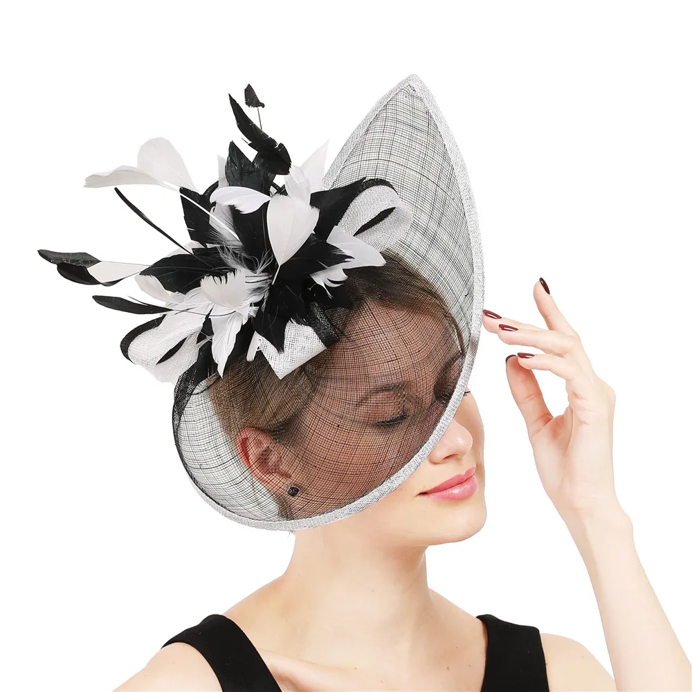 Elegante Sinamay Fascinator Hüte mit Feder blume Sinamay Trims Cocktail und Race Hüte Hochzeit Braut Kopf bedeckung mehrere Farben – Detail 6