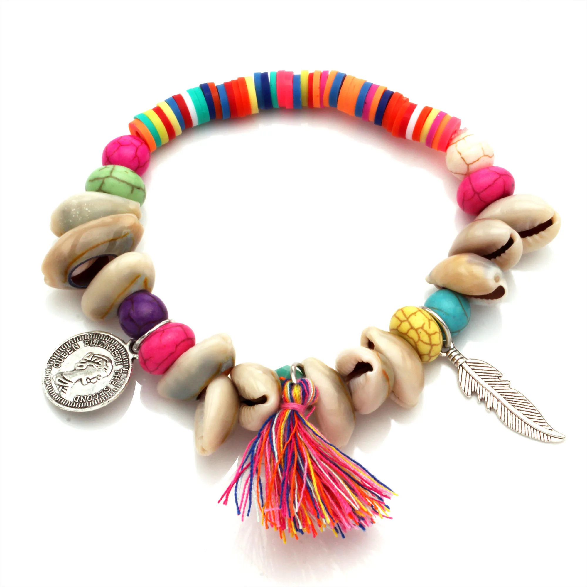 Colorful African Vinyl Heishi Polymer Clay Seashell Stretch Bracelet Women Men Boho Tassels Feather Beauty figure Surf Jewelry