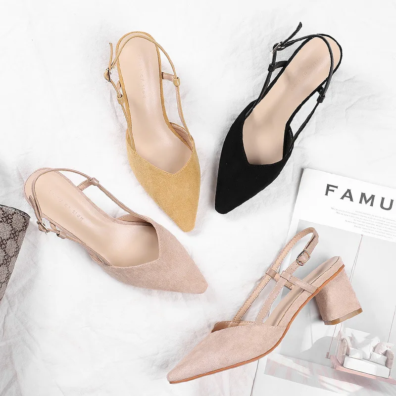 Sexy word buckle sandals women 2020 summer new Flock Buckle Strap 6CM Thick High Heels Pointed Toe Shallow Back Strap shoes