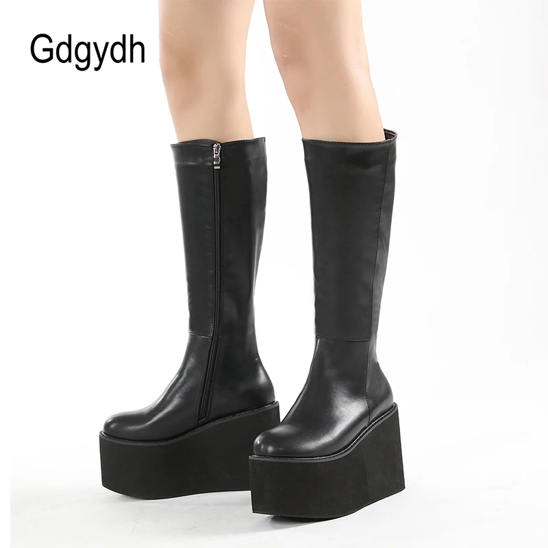 Gdgydh Matte Black Knee High Boots Women Platform Wedges High Heels Thick Bottom Ladies INS Hot Winter Fashion Elegant Drop Ship