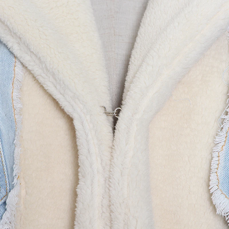 VGH Patchwork Denim Jacket Women Long Sleeve lambswool Coat Tops Female Fashion Clothes Casual 2024 Winter New