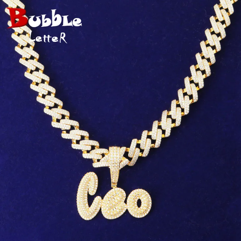 Bubble Letter Soild Back Bubble Letters Custom Name Pendants Necklaces Men's Zircon Hip Hop Jewelry