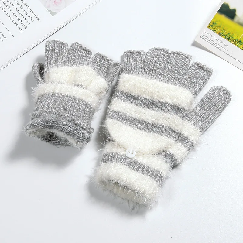 COKK Women Fingerless Gloves Cute Faux Rabbit Fur Stripe Knitted Gloves Female Winter Knitting Warmer Wrist Hand Gloves Mitten