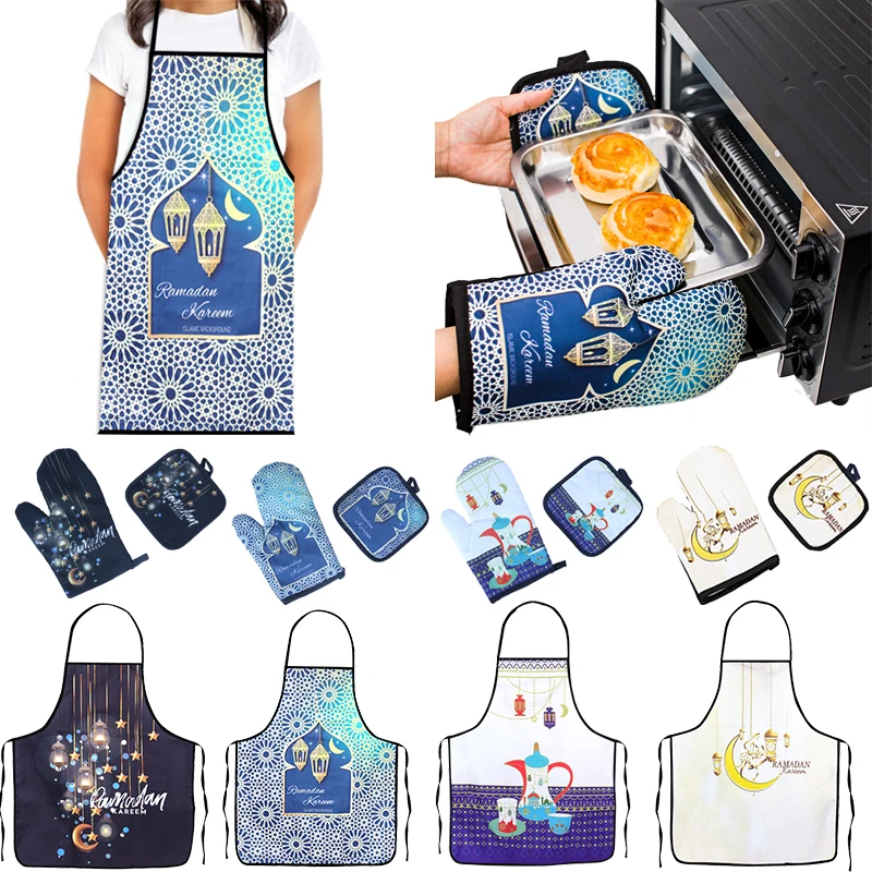 Ramadan Decoration Aprons Baking Anti-Hot Gloves Pad Set Eid Mubarak Decor for Home Kitchen Muslim Islamic Ramadan Kareem Party