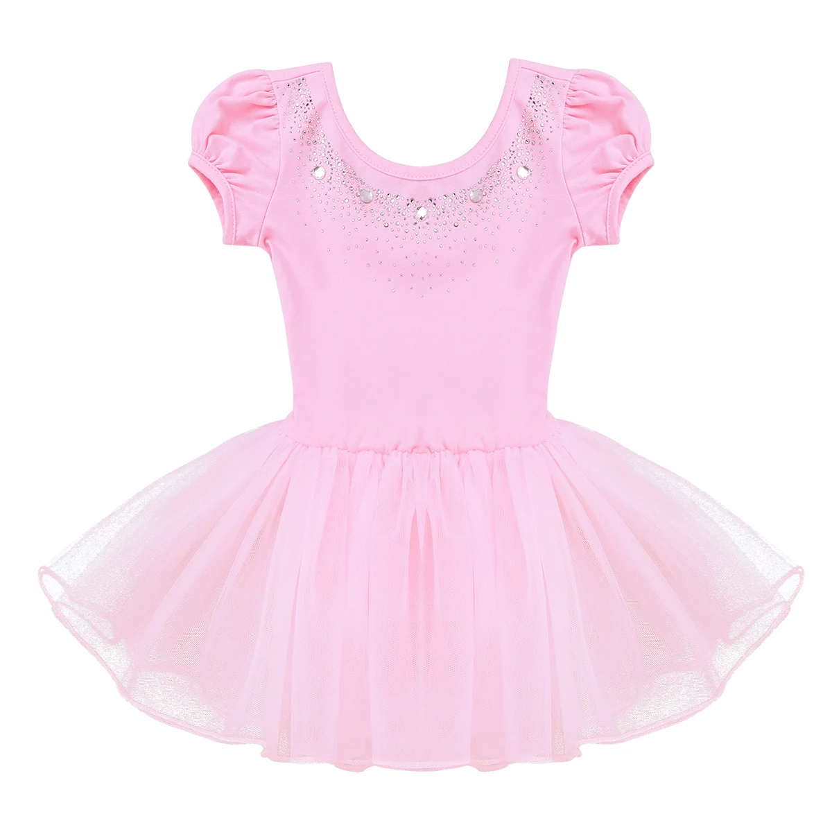 Gymnastics Leotard Girls Ballerna Tutu Dress Kids Mesh Dancewear Short Bubble Sleeves Sparkly Rhinestones Ballet Dance Dress