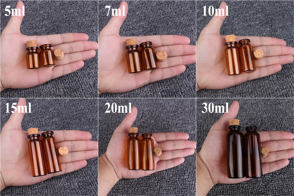 24pcs/lot 5ml 7ml 10ml 15ml 20ml 30ml Amber Glass Bottles With Cork Stopper Empty Message Jars Vials For Art DIY Crafts