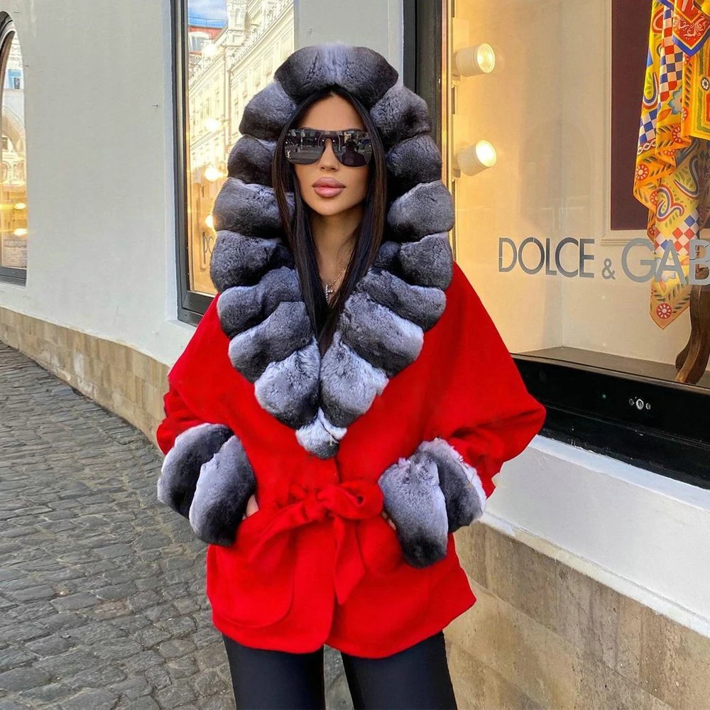 Fashion Red Natural Wool Blends Coat with Rex Rabbit Fut Trim of Hood Mid-length Real Rex Rabbit Fur Cashmere Coats Outwear