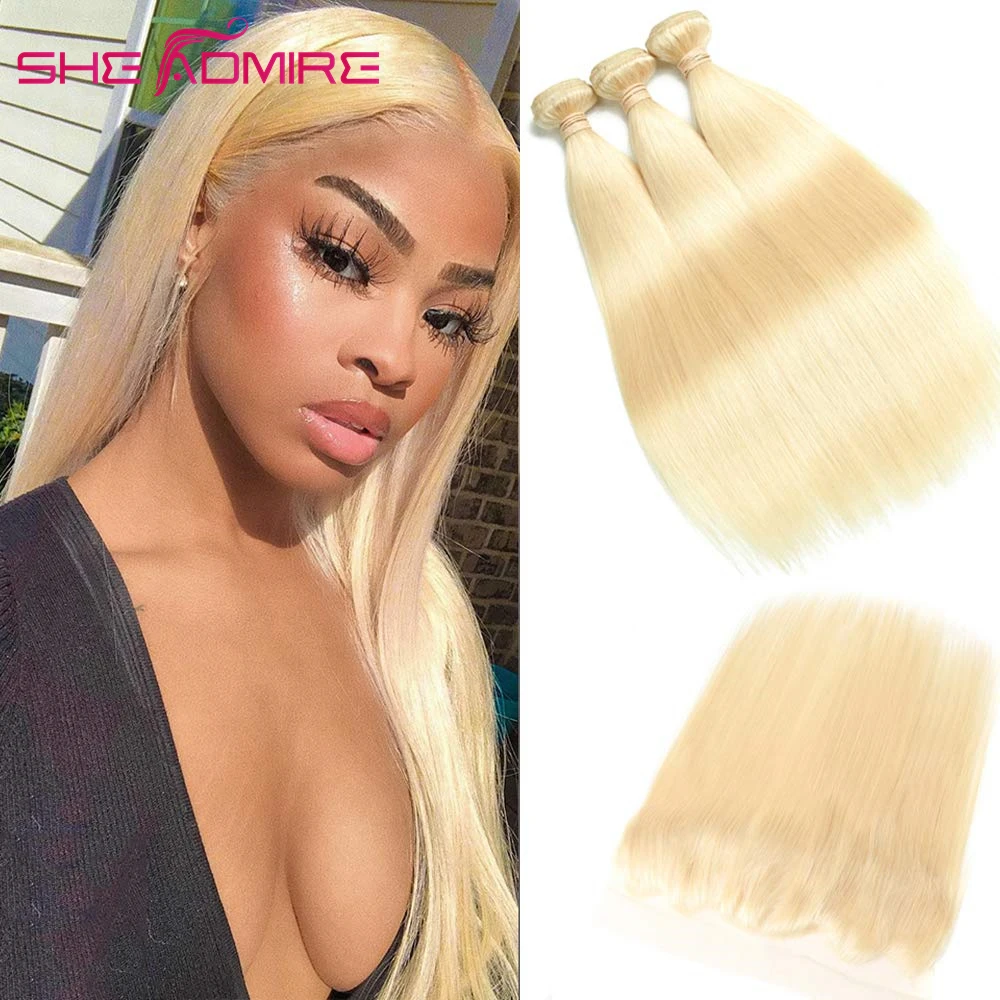 613 Blonde Hair Bundles with Closure Free Part 3 Bundles with Lace Frontal 100% Unprocessed Human Hair Weave Remy Extension 40in