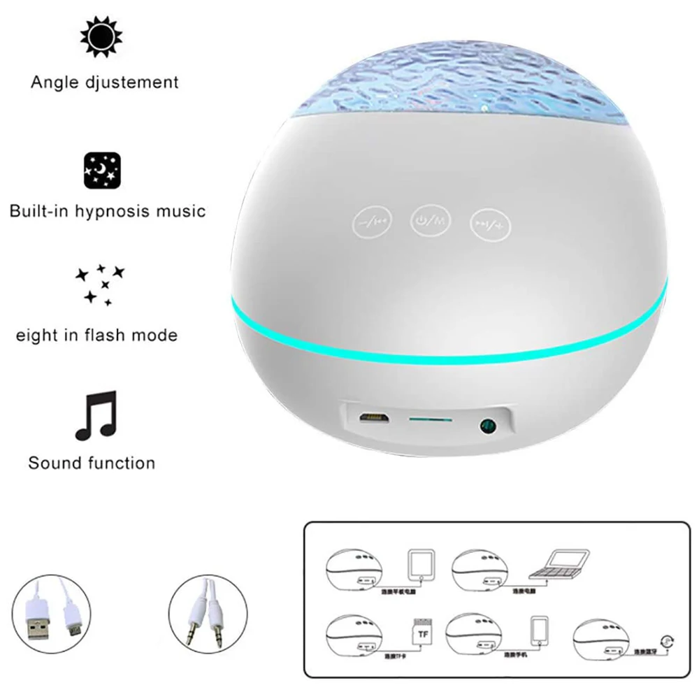 LED Ocean Wave Projector Night Lights 12LED Adjustable Lightness 7 Lighting Modes Bluetooth-compatible Music Speaker Night Light